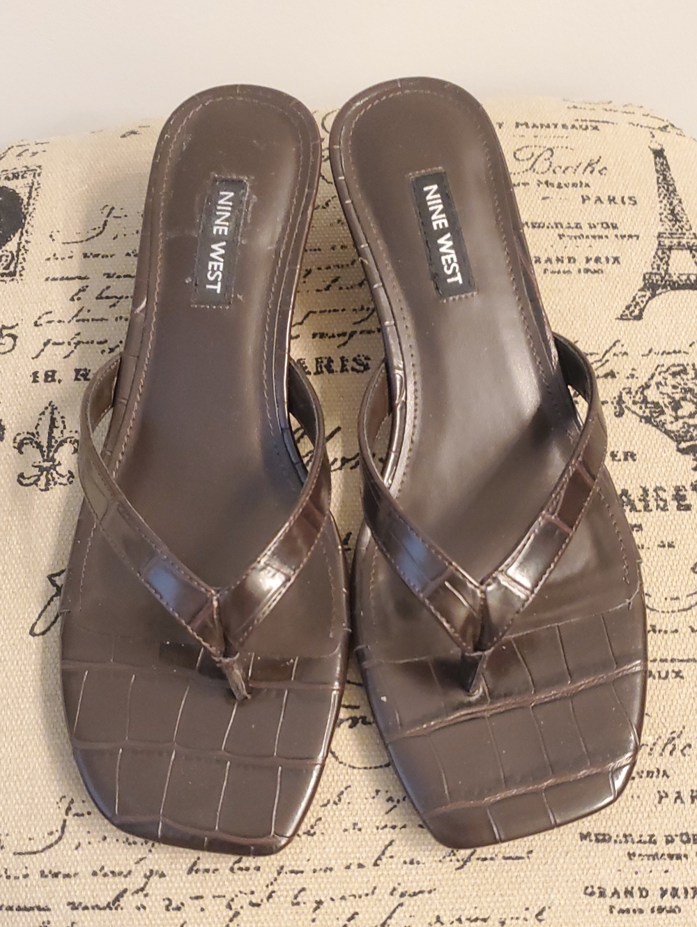 Nine West Dark Brown Croc-Embossed Square-Toe Thong Sandals